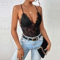 Body sexy en dentelle florale noire transparente avec décolleté en V et fines bretelles - S / Noir