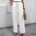 Pantaloni donna bianchi in cotone e lino con coulisse, vita elastica e grandi tasche - S / Beige
