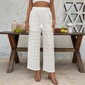 Pantaloni bohémien in pizzo bianco a gamba larga con vita alta e ricamo floreale - S / Bianco