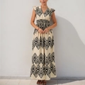 Langes Boho-Kleid mit ethnischem Vintage-Druck und Flügelärmeln in cremeweißer Farbe - S / Beige