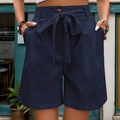 Navy blue high-waisted shorts with drawstring bow and vertical textured fabric - S / Navy Blue