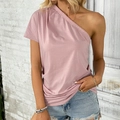 Camiseta rosa claro de un hombro con elegante cuello plisado y diseño entallado - S / Rosa