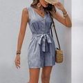 Pagliaccetto donna a righe bianche e blu con scollo a V, bottoni in legno e cintura in vita - S / Blu Notte