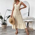 Vestido beige sin mangas con cuello en V texturizado y cordón ajustable en cintura - S / Albaricoque