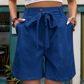 Women's high-waist casual shorts in dark blue with drawstring belt and side pockets - Haze Blue