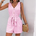 Pink and white striped V-neck sleeveless romper with button front and waist tie - Pink