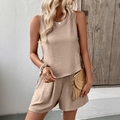 Women's two-piece beige sleeveless tie-side top and high-waist shorts linen set - S / Apricot