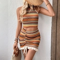Completo boho in maglia con top allacciato al collo e minigonna con motivo a onde - S / Arancione