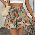 Women's summer tropical print shorts with high elastic waist and ruffle hem details - S / Green