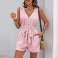 Pink and white striped sleeveless V-neck romper with button front and waist tie belt - Watermelon Pink