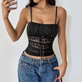Camisole noire moulante avec détails froncés et empiècements en dentelle pour femmes - S / Noir