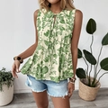 Ärmellose Sommerbluse mit Blumenmuster, Falten und V-Ausschnitt im Boho-Stil - S / Grün