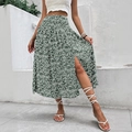 Women's high waist floral maxi skirt in dark green with smocked waist and side slit - S / Green