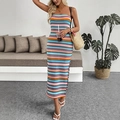 Slim fit tube maxi dress with colorful horizontal stripes for summer vacation style - S / Blue