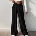 Women's black high-waisted wide-leg trousers with V-shaped elastic waistband design - Black