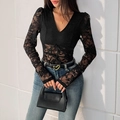 Body noir en dentelle à manches longues pour femme avec col en V et lien à la taille - S / Noir