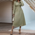 Robe chemise vert olive à manches longues avec col à revers et taille plissée boutonnée - S / Vert Militaire