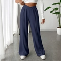 Women's wide leg trousers in navy blue featuring a crisscross V-waist and front seam details - Navy Blue