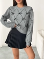 Close-up of gray argyle knit sweater featuring 3D black bows and pearl embellishments - S / Light Gray