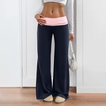 Women's wide leg casual trousers in dark grey with a contrast pink fold-over high waist - Navy Blue