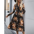 Abito midi a fiori con maniche lunghe e scollo a V, stile elegante per l'autunno - S / Nero