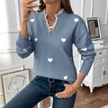 Blue-grey knit sweater with white heart patterns and delicate lace V-neck collar detail - S / Tops / Blue