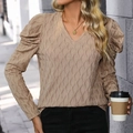 Women's apricot V-neck long sleeve top with puff sleeves and textured knit pattern - S / Khaki