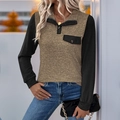 Damen Sweatshirt mit Farblock-Design in Khaki und Schwarz mit Knopfkragen-Detail - Braun