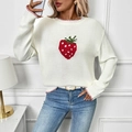 Pull en maille crème avec jacquard fraise rouge et bordures rayées pour femmes - S / Beige