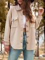 Beige fleece shacket for women with amber buttons and chest pockets in outdoor setting - S / Khaki