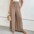Women's high waist wide leg trousers in coffee brown with elastic pleated waistband - Khaki