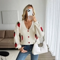 Women's cream white knit cardigan with red strawberry embroidery and V-neckline - S / Off White
