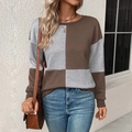 Women's color block textured sweatshirt with brown and grey patchwork and long sleeves - Coffee Brown