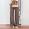 Women's color block wide leg trousers in grey-brown with a beige fold-over waistband - Mocha Brown