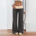 Women's wide leg casual pants in dark grey featuring a stylish khaki fold-over waistband - Mixed Grey