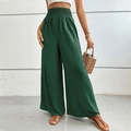 Pantalon large vert foncé pour femme avec tissu texturé et taille haute élastique - Vert Foncé