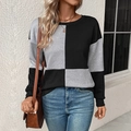 Women's textured long sleeve pullover sweater with gray and black color block patchwork - Black