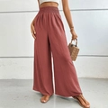 High-waisted wide-leg women pants in dusty rose featuring textured fabric and smocked waist - Redwood