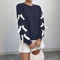 Navy blue crewneck sweatshirt with white ribbon bows on sleeves for a preppy look - S / Navy Blue