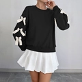 Women's black crewneck sweatshirt with bow sleeves and a white pleated skirt set - Black
