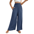 Pantalon large décontracté bleu marine pour femme avec taille haute élastique froncée - Bleu Brume