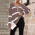 Women's V-neck striped knit sweater in coffee brown with white buttons and loose fit - S / Brown
