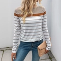 Camiseta vintage de manga larga a rayas con retales caqui y cuello redondo para mujer - S / Caqui