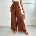 Deep brown high-waisted wide-leg trousers with smocked waist and textured fabric - Camel