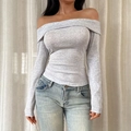 T-shirt moulant à manches longues et épaules dénudées en tricot gris extensible - XS / Gris clair