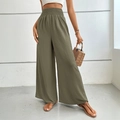 Women's high waist wide leg pants in olive green with elastic pleated waistband - Olive Green