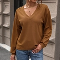 Women's V-neck waffle knit long sleeve T-shirt in deep caramel color for a casual look - S / Brown