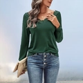 Elegant dark green long sleeve V-neck top with intricate lace trim on neckline and cuffs - S / Dark Green