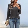 Dark grey long sleeve top with V-neck lace patchwork details and soft knit fabric - S / Dark Gray
