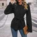 Camisa negra de manga larga para mujer con lazo en la cintura y puños con volantes - S / Negro